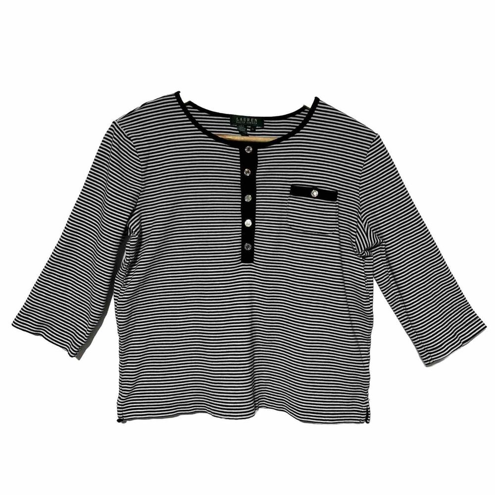 Lauren Ralph Lauren Nautical Womens Striped Shirt Top Large Black/White Stripe